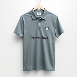 A gray polo shirt design for a medical technician, featuring an intricate and well-placed logo of 'Dental Jaya