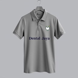 A gray polo shirt design for a medical technician, featuring an intricate and well-placed logo of 'Dental Jaya