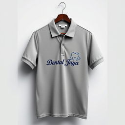 A gray polo shirt design for a medical technician, featuring an intricate and well-placed logo of 'Dental Jaya