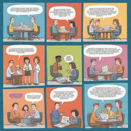 Illustrate a colourful comic strip depicting the process of social marketing, with characters planning, implementing and evaluating campaigns aimed at influencing behaviors for a social good.