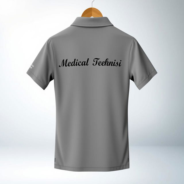 A gray polo shirt design featuring 'Medical Teknisi' printed on the back in an elegant font