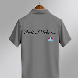 A gray polo shirt design featuring 'Medical Teknisi' printed on the back in an elegant font