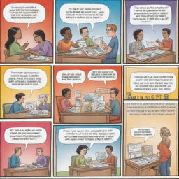 Illustrate a colourful comic strip depicting the process of social marketing, with characters planning, implementing and evaluating campaigns aimed at influencing behaviors for a social good.