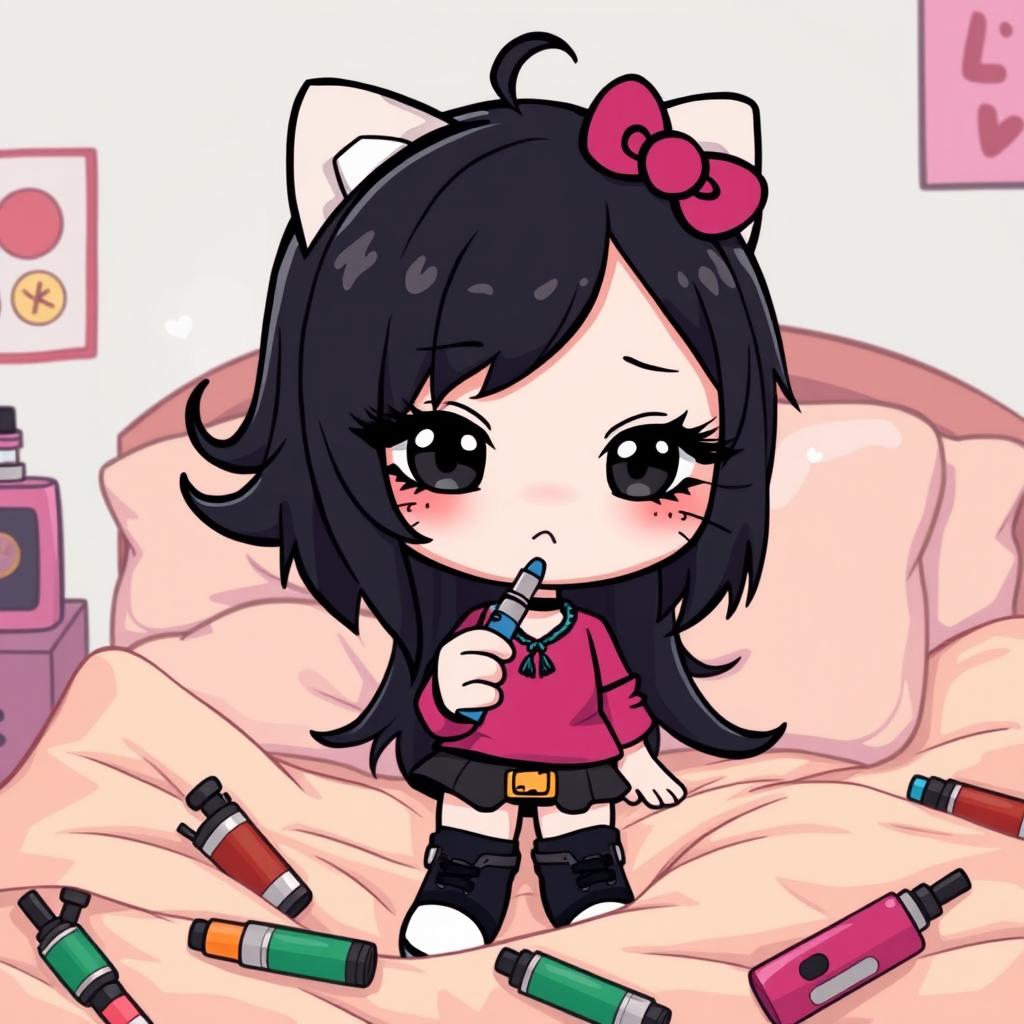 A stylized cartoon depiction of a character resembling Hello Kitty, but with distinctive black hair