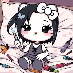 A stylized cartoon depiction of a character resembling Hello Kitty, but with distinctive black hair