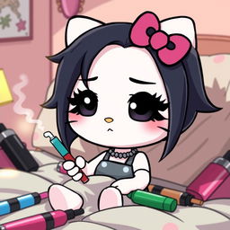 A stylized cartoon depiction of a character resembling Hello Kitty, but with distinctive black hair