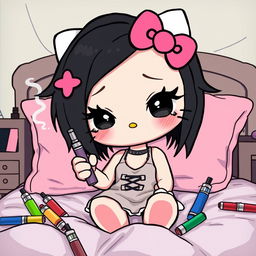 A stylized cartoon depiction of a character resembling Hello Kitty, but with distinctive black hair