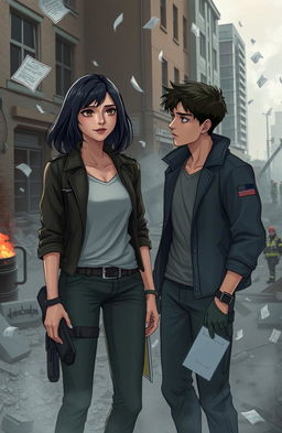 A dramatic scene depicting two young adult characters, a woman named Justice Carter and a man named Matthew Reyes, both 21 years old, standing in the ruins of a destroyed building after a bomb explosion