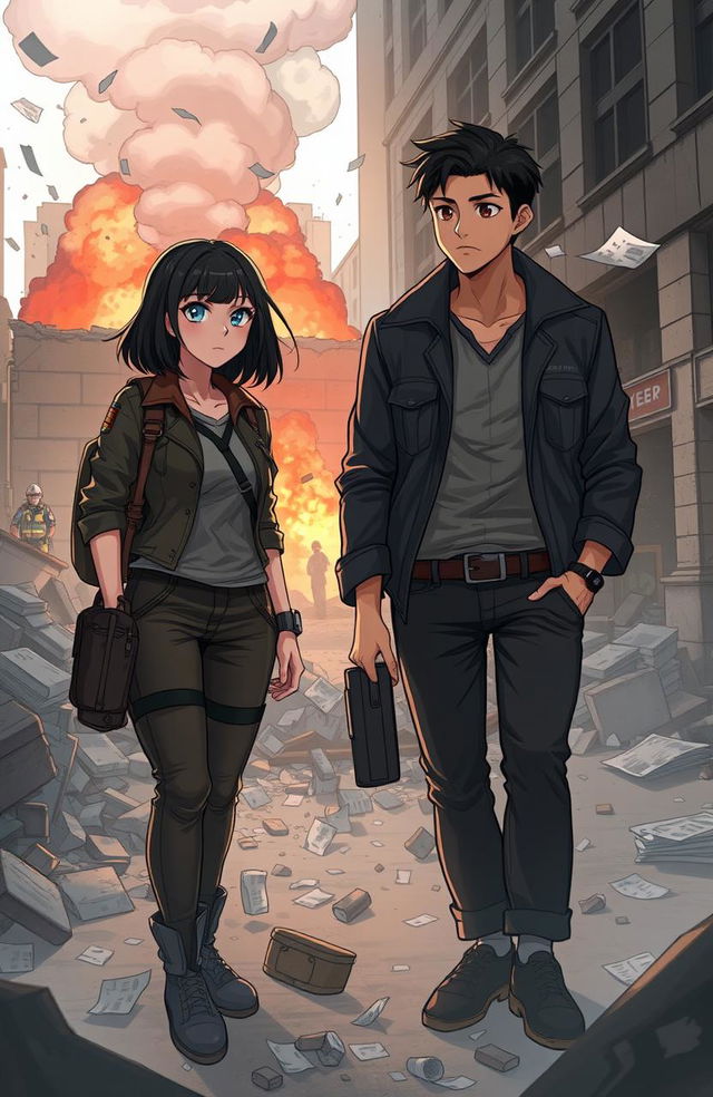 A dramatic scene depicting two young adult characters, a woman named Justice Carter and a man named Matthew Reyes, both 21 years old, standing in the ruins of a destroyed building after a bomb explosion