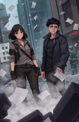 A dramatic scene depicting two young adult characters, a woman named Justice Carter and a man named Matthew Reyes, both 21 years old, standing in the ruins of a destroyed building after a bomb explosion