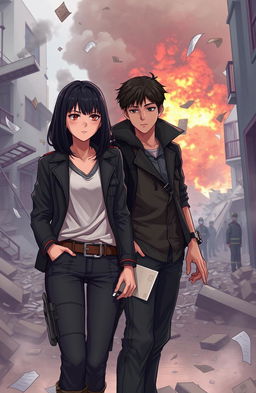 A dramatic scene depicting two young adult characters, a woman named Justice Carter and a man named Matthew Reyes, both 21 years old, standing in the ruins of a destroyed building after a bomb explosion