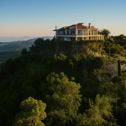 A picturesque house perched atop a lush green hill