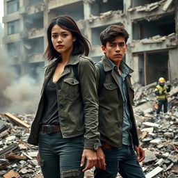 A realistic photo of two young adults, Justice Carter and Matthew Reyes, both 21 years old, amidst the ruins of a demolished building due to a bomb explosion