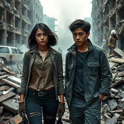 A realistic photo of two young adults, Justice Carter and Matthew Reyes, both 21 years old, amidst the ruins of a demolished building due to a bomb explosion