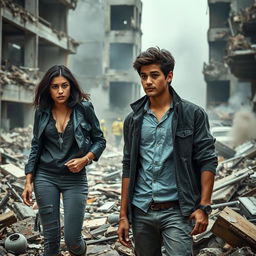 A realistic photo of two young adults, Justice Carter and Matthew Reyes, both 21 years old, amidst the ruins of a demolished building due to a bomb explosion