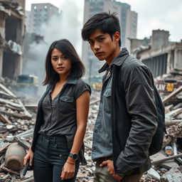 A realistic photo of two young adults, Justice Carter and Matthew Reyes, both 21 years old, amidst the ruins of a demolished building due to a bomb explosion