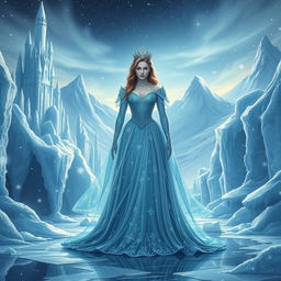 A majestic ice kingdom, beautifully rendered with shimmering ice castles and frozen landscapes