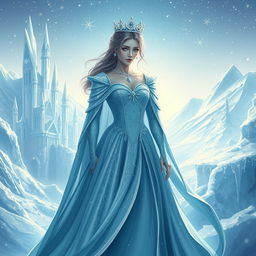 A majestic ice kingdom, beautifully rendered with shimmering ice castles and frozen landscapes