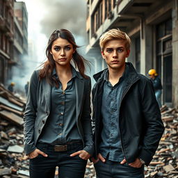 A realistic photo featuring two young adults, Justice Carter and Matthew Reyes, both 21 years old, standing amidst the destruction of a building that has just been blown apart by a bomb