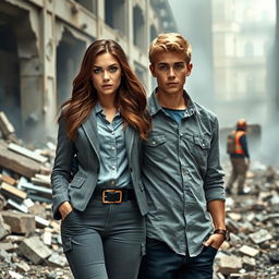 A realistic photo featuring two young adults, Justice Carter and Matthew Reyes, both 21 years old, standing amidst the destruction of a building that has just been blown apart by a bomb