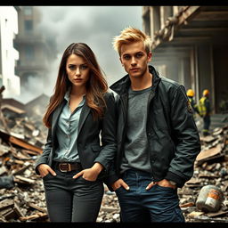 A realistic photo featuring two young adults, Justice Carter and Matthew Reyes, both 21 years old, standing amidst the destruction of a building that has just been blown apart by a bomb