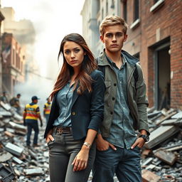 A realistic photo featuring two young adults, Justice Carter and Matthew Reyes, both 21 years old, standing amidst the destruction of a building that has just been blown apart by a bomb