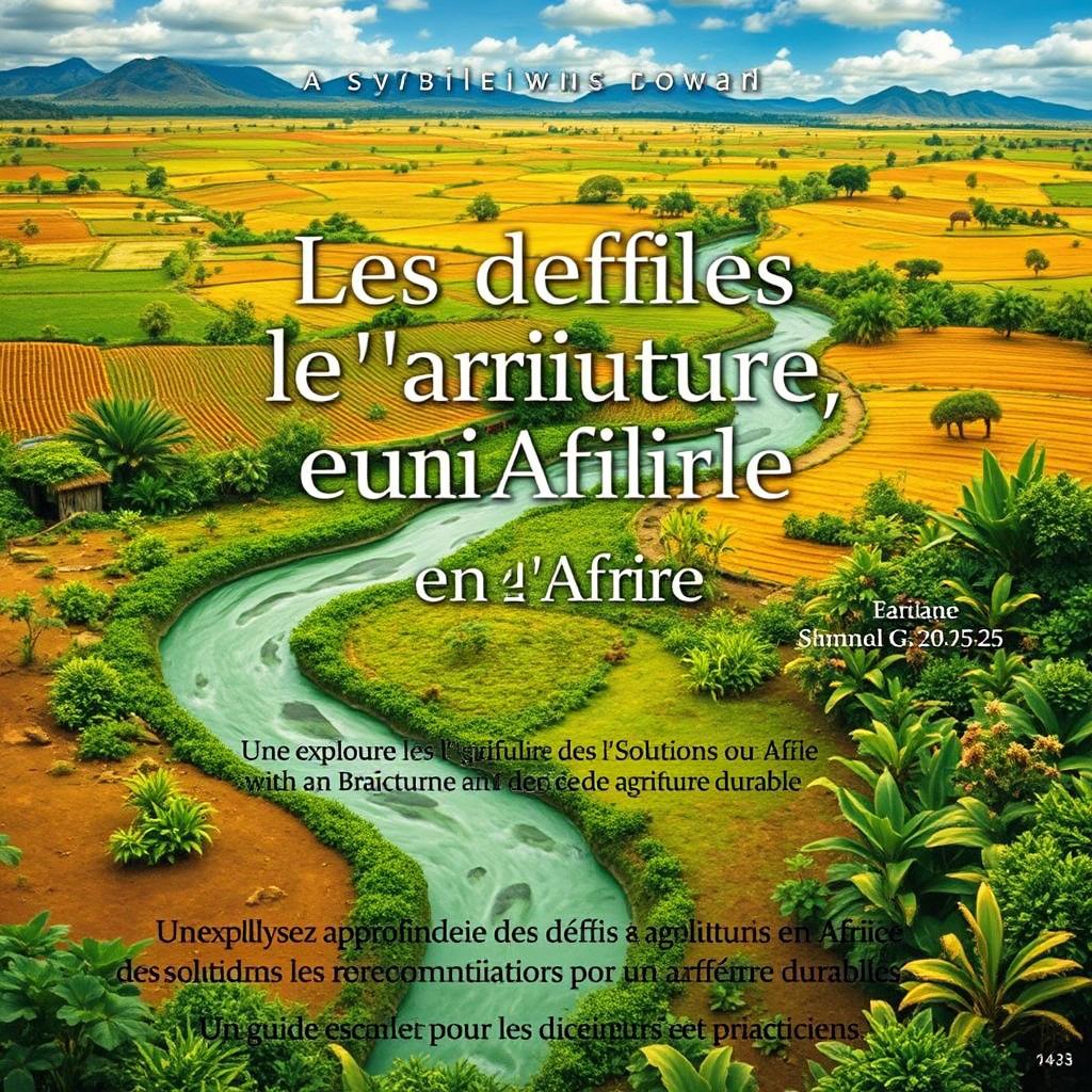 A captivating poster for "Les défis de l’agriculture durable en Afrique", featuring a vivid imagery of an African agricultural landscape with rich fields, flowing rivers, and diverse flora