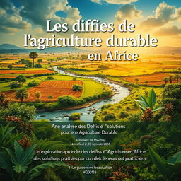 A captivating poster for "Les défis de l’agriculture durable en Afrique", featuring a vivid imagery of an African agricultural landscape with rich fields, flowing rivers, and diverse flora