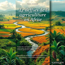 A captivating poster for "Les défis de l’agriculture durable en Afrique", featuring a vivid imagery of an African agricultural landscape with rich fields, flowing rivers, and diverse flora