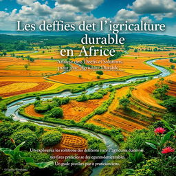 A captivating poster for "Les défis de l’agriculture durable en Afrique", featuring a vivid imagery of an African agricultural landscape with rich fields, flowing rivers, and diverse flora