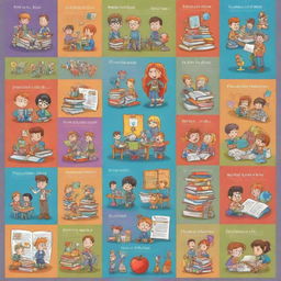 A vibrant, detailed cartoon version of an educational curriculum with various academic subjects represented by unique characters and elements.