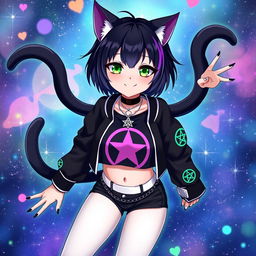 Anime cat girl with two long tails, short black hair featuring purple highlights, and glowing bright green cat eyes