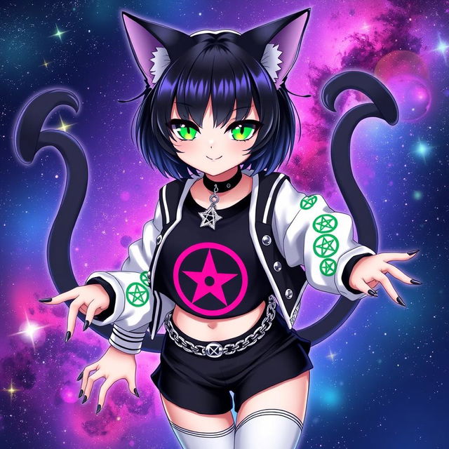 Anime cat girl with two long tails, short black hair featuring purple highlights, and glowing bright green cat eyes