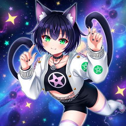 Anime cat girl with two long tails, short black hair featuring purple highlights, and glowing bright green cat eyes