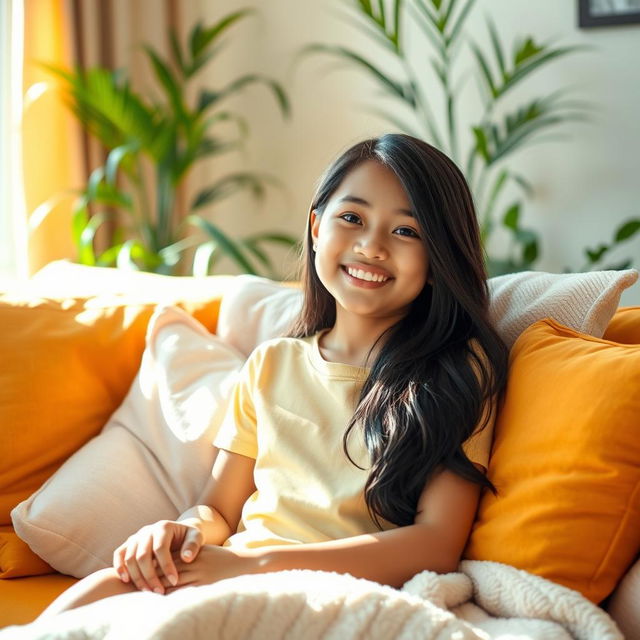 A cute Indonesian girl with a bright smile, sitting on a plush sofa surrounded by soft pillows