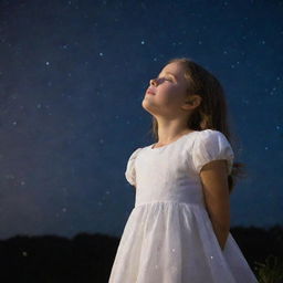 A young girl in a white dress, gazing up at a star-filled night sky.