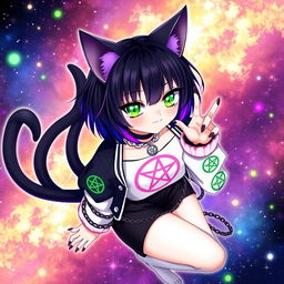 Anime cat girl with two long tails, short black hair featuring purple highlights, and glowing bright green cat eyes