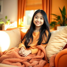 A cute Indonesian girl with a bright smile, sitting on a plush sofa surrounded by soft pillows