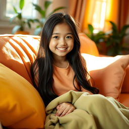 A cute Indonesian girl with a bright smile, sitting on a plush sofa surrounded by soft pillows