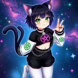 Anime cat girl with two tails, short black hair with purple highlights, glowing bright green cat eyes, and black nails, floating in a vibrant galaxy filled with stars and nebulae