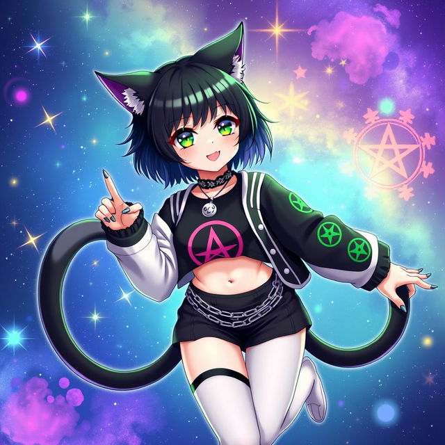 Anime cat girl with two tails, short black hair with purple highlights, glowing bright green cat eyes, and black nails, floating in a vibrant galaxy filled with stars and nebulae