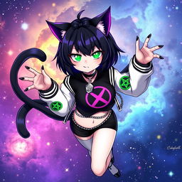 Anime cat girl with two tails, short black hair with purple highlights, glowing bright green cat eyes, and black nails, floating in a vibrant galaxy filled with stars and nebulae