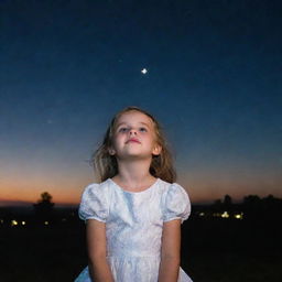 A young girl in a white dress, gazing up at a star-filled night sky.