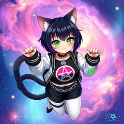 Anime cat girl with two tails, short black hair with purple highlights, glowing bright green cat eyes, and black nails, floating in a vibrant galaxy filled with stars and nebulae