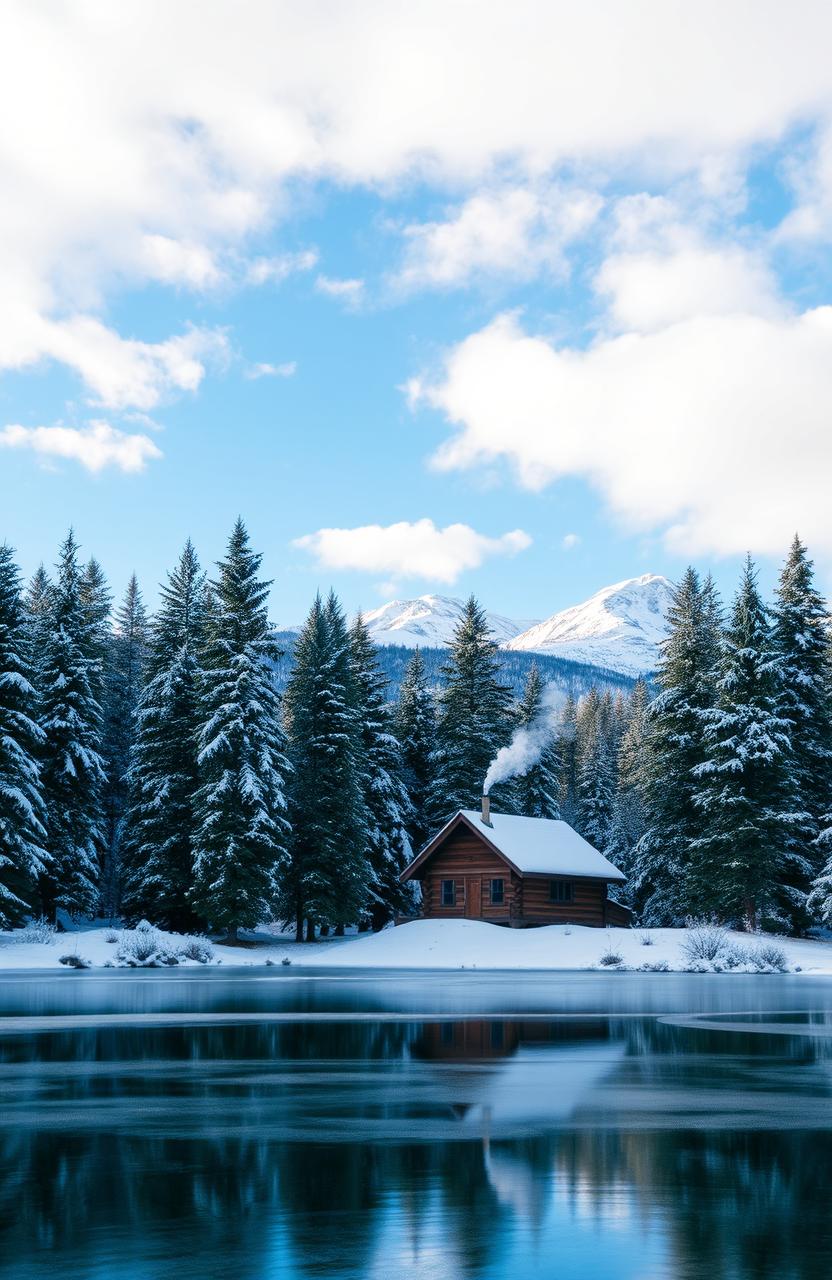 A serene winter landscape with snow-covered trees and a small cozy cabin with smoke coming out of the chimney