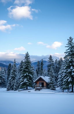 A serene winter landscape with snow-covered trees and a small cozy cabin with smoke coming out of the chimney