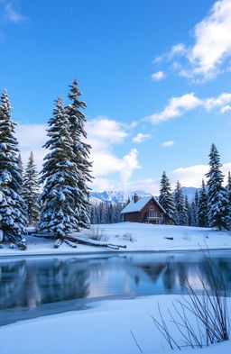 A serene winter landscape with snow-covered trees and a small cozy cabin with smoke coming out of the chimney