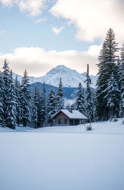 A serene winter landscape with snow-covered trees and a small cozy cabin with smoke coming out of the chimney