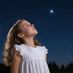 A young girl in a white dress, gazing up at a star-filled night sky.