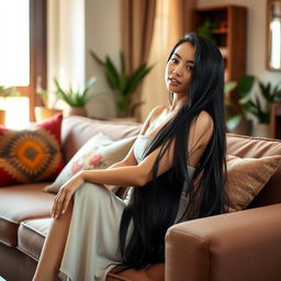 A beautiful Indonesian girl with long, flowing black hair, gracefully seated on a stylish sofa in a tastefully decorated living room